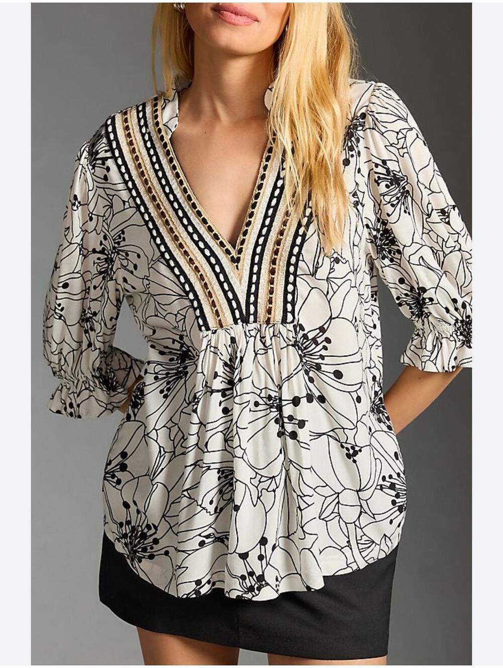 Blank London Anthropologie White & Black Floral Embroidered Kimono Blouse
